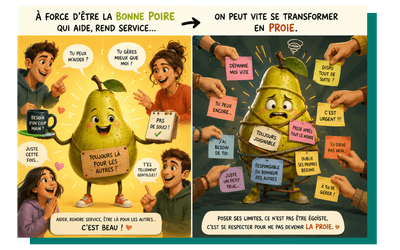 illustration qui met en scène le glissement progressif d'une personne trop serviable vers un état d'épuisement et de burnout. À gauche, une poire souriante, toujours disponible, incapable de dire non, portant les besoins des autres avant les siens. À droite, cette même poire submergée, tiraillée de toutes parts, vidée de son énergie. Une image qui parle à toutes celles et ceux qui s'oublient en route femmes, mères, professionnels en surchauffe. Adeline Brunet, sophrologue et praticienne en psychogénéalogie à Hérouville-Saint-Clair, accompagne les personnes en situation de stress chronique, d'épuisement émotionnel et de burnout à Épron, Blainville-sur-Orne, Cagny et dans tout le Calvados